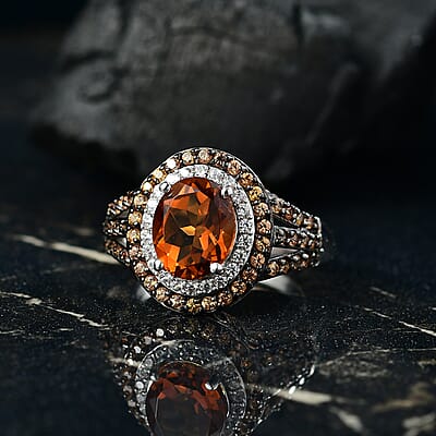 D'Joy Santa Ana Madeira Citrine and Multi Gemstone 3.85 ctw Solar Flare Halo Ring in Platinum Over Sterling Silver (Size 10.0)