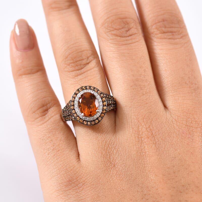 D'Joy Santa Ana Madeira Citrine and Multi Gemstone 3.85 ctw Solar Flare Halo Ring in Platinum Over Sterling Silver (Size 10.0)