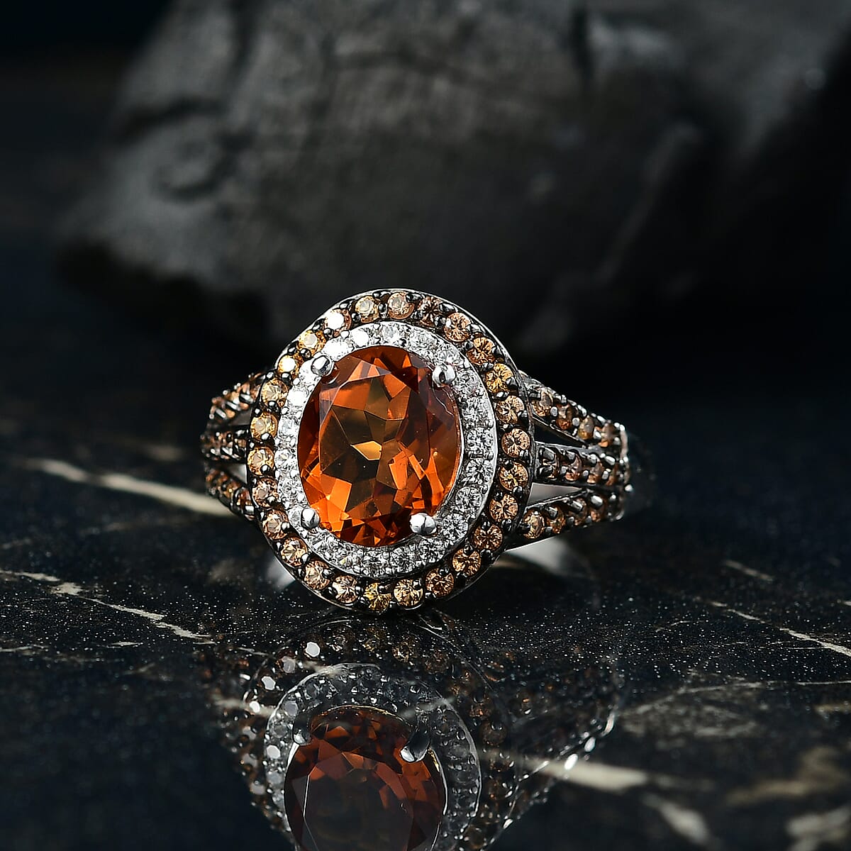 D'Joy Santa Ana Madeira Citrine and Multi Gemstone 3.85 ctw Solar Flare Halo Ring in Platinum Over Sterling Silver (Size 5.0) image number 1
