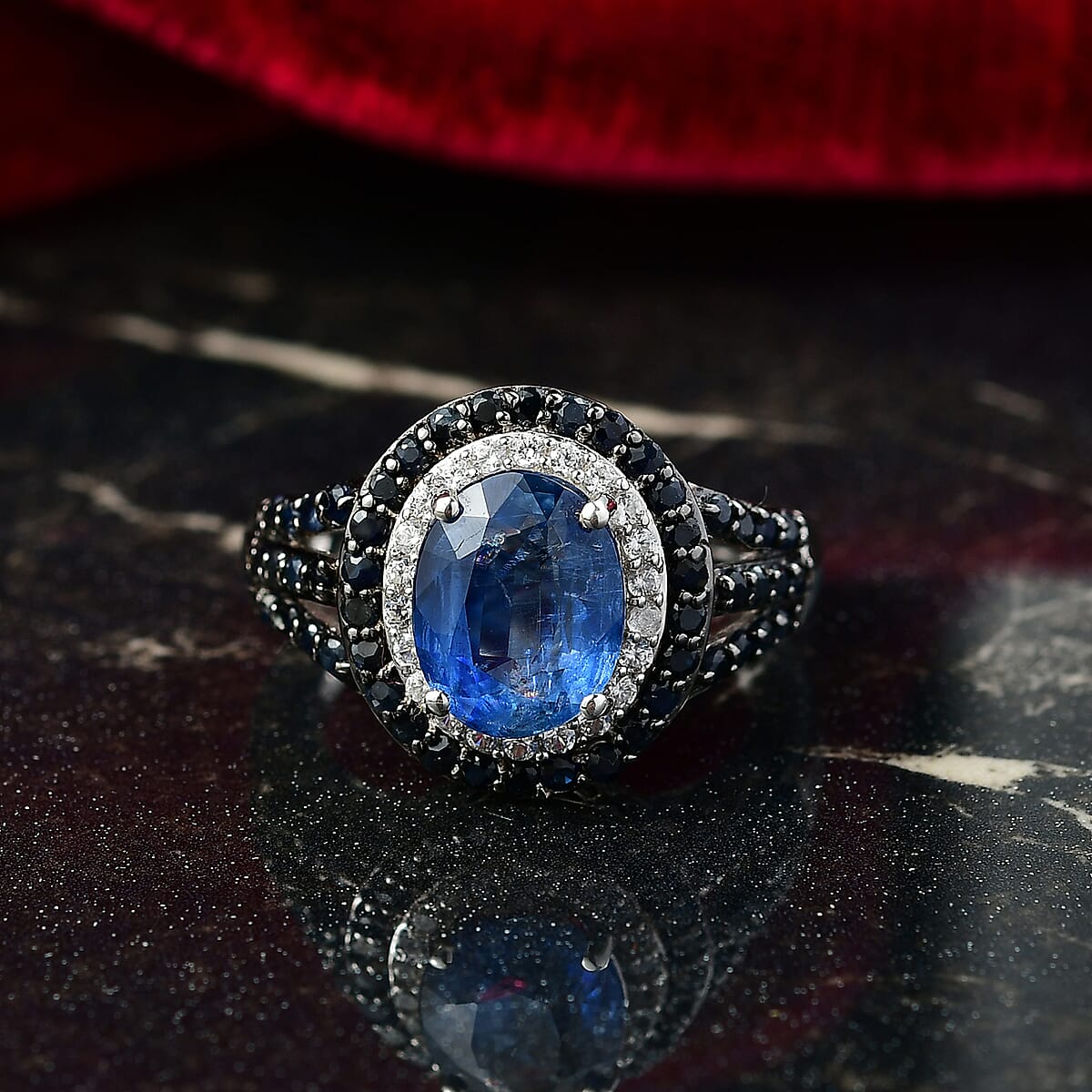D'Joy Kashmir Kyanite and Multi Gemstone 4.30 ctw Solar Flare Halo Ring in Platinum Over Sterling Silver (Size 10.0) image number 1