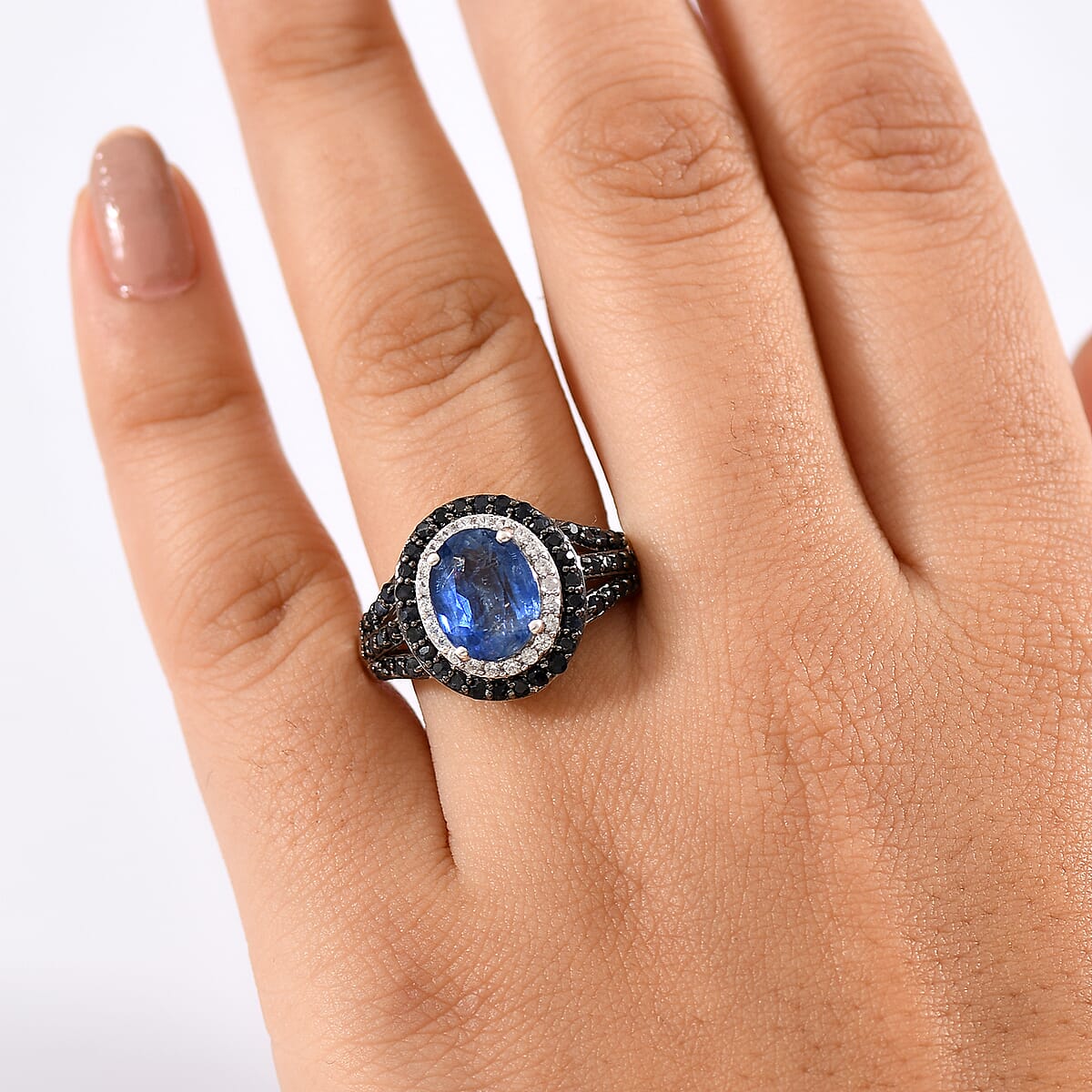 D'Joy Kashmir Kyanite and Multi Gemstone 4.30 ctw Solar Flare Halo Ring in Platinum Over Sterling Silver (Size 10.0) image number 2