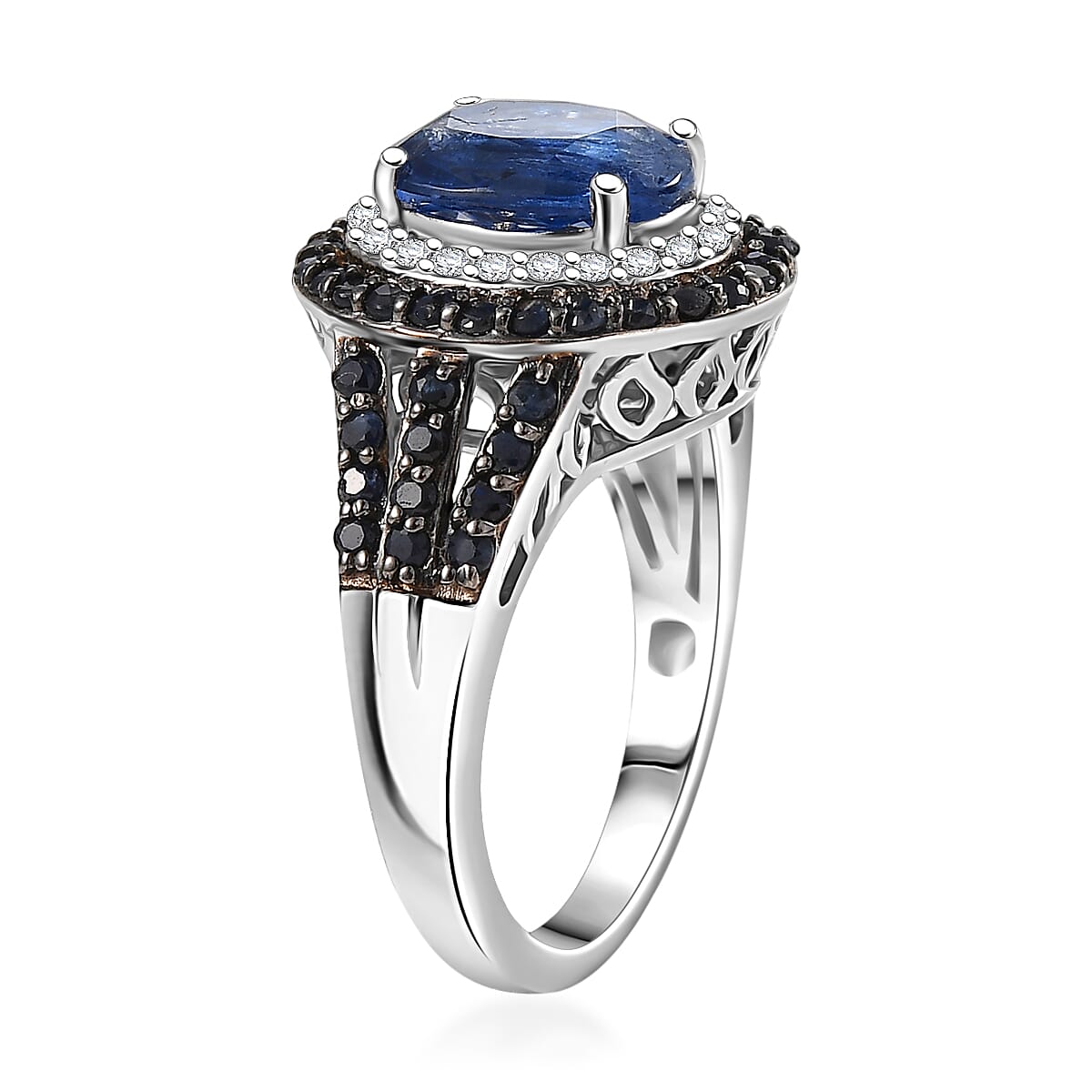 D'Joy Kashmir Kyanite and Multi Gemstone 4.30 ctw Solar Flare Halo Ring in Platinum Over Sterling Silver (Size 10.0) image number 3