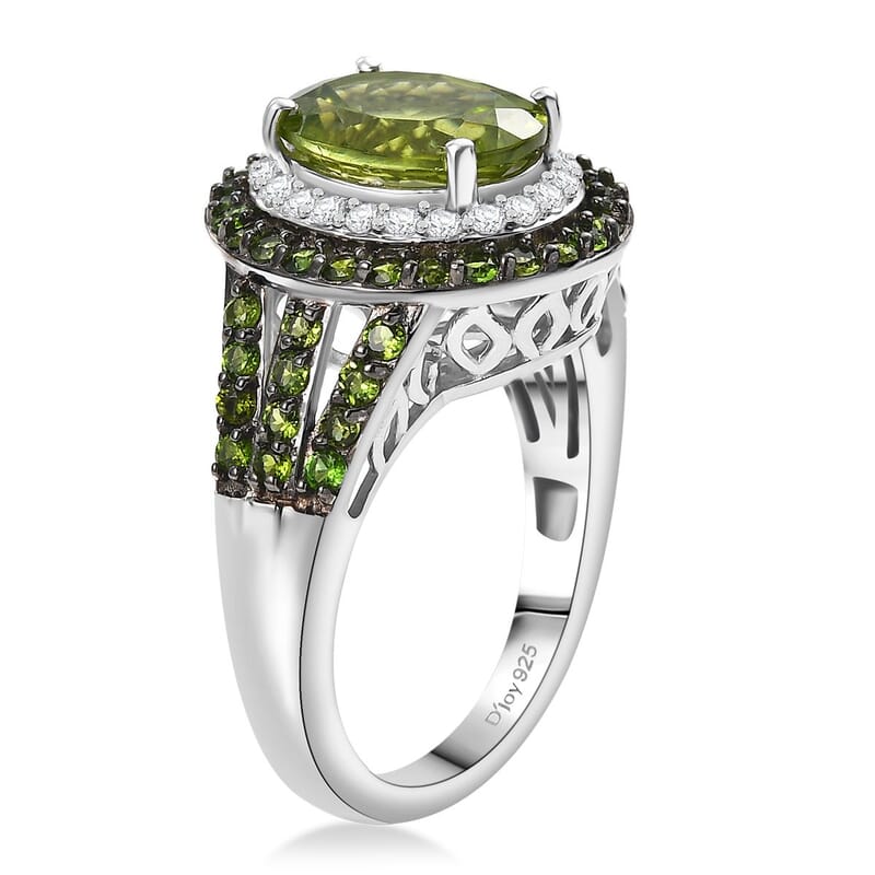 D'Joy Hebei Peridot and Multi Gemstone 3.80 ctw Solar Flare Halo Ring in Platinum Over Sterling Silver (Size 5.0)