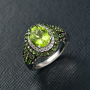 D'Joy Hebei Peridot and Multi Gemstone 3.80 ctw Solar Flare Halo Ring in Platinum Over Sterling Silver (Size 6.0)