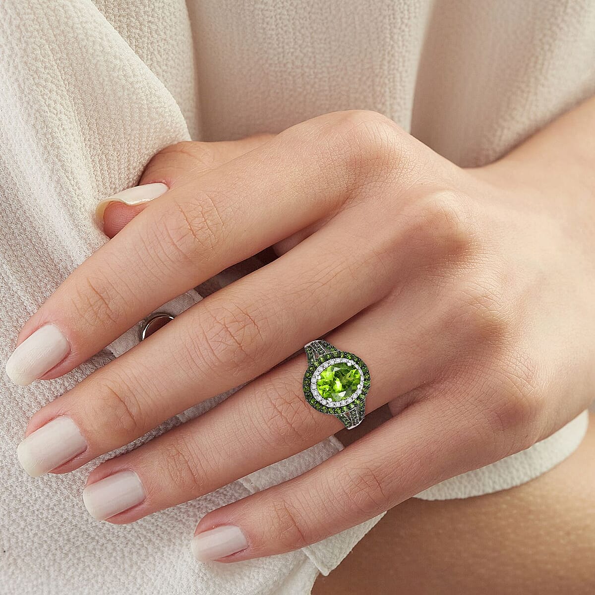 D'Joy Hebei Peridot and Multi Gemstone 3.80 ctw Solar Flare Halo Ring in Platinum Over Sterling Silver (Size 6.0) image number 2