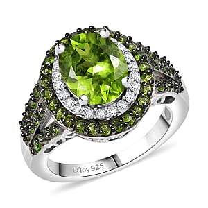 D'Joy Hebei Peridot and Multi Gemstone 3.80 ctw Solar Flare Halo Ring in Platinum Over Sterling Silver (Size 7.0)