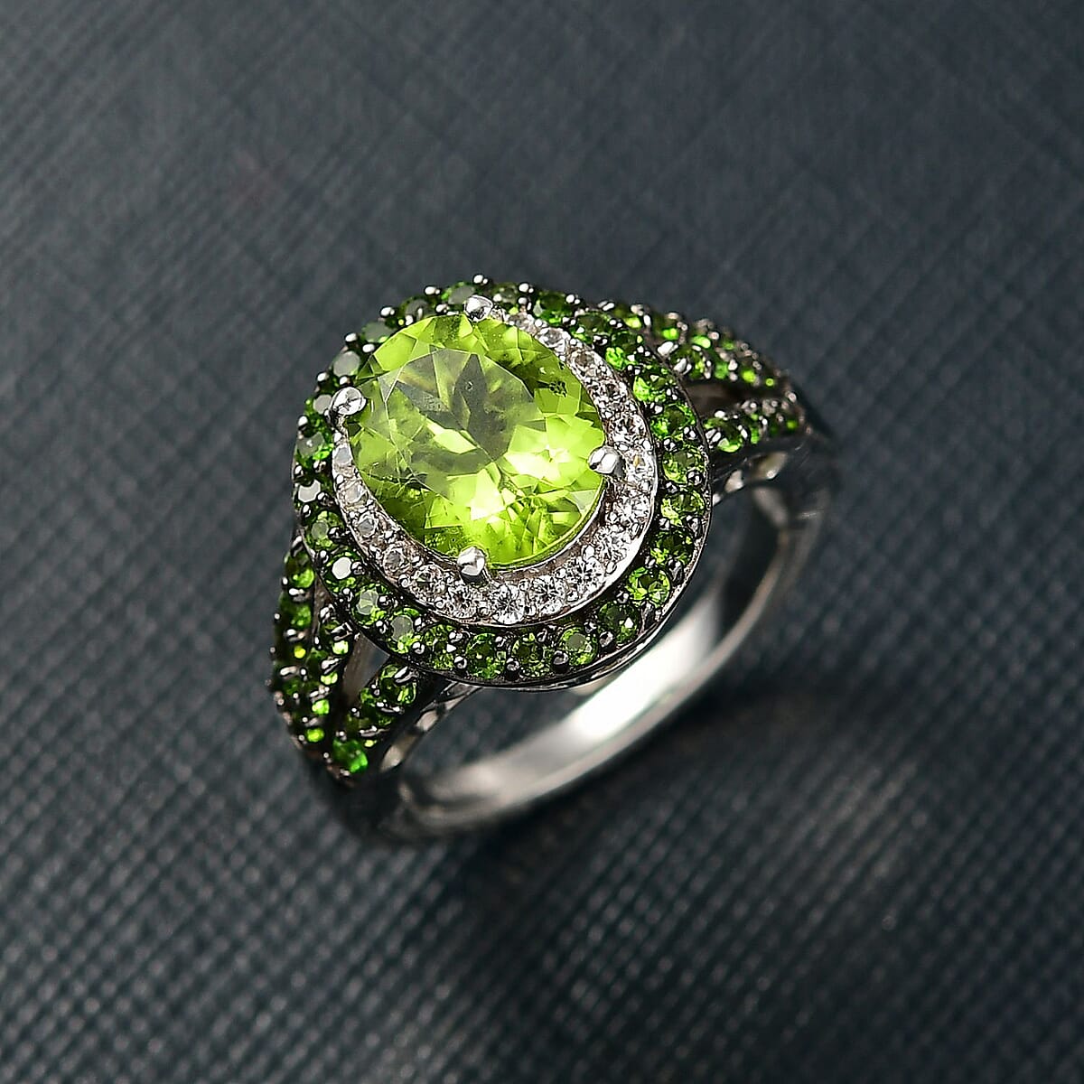 D'Joy Hebei Peridot and Multi Gemstone 3.80 ctw Solar Flare Halo Ring in Platinum Over Sterling Silver (Size 8.0) image number 1