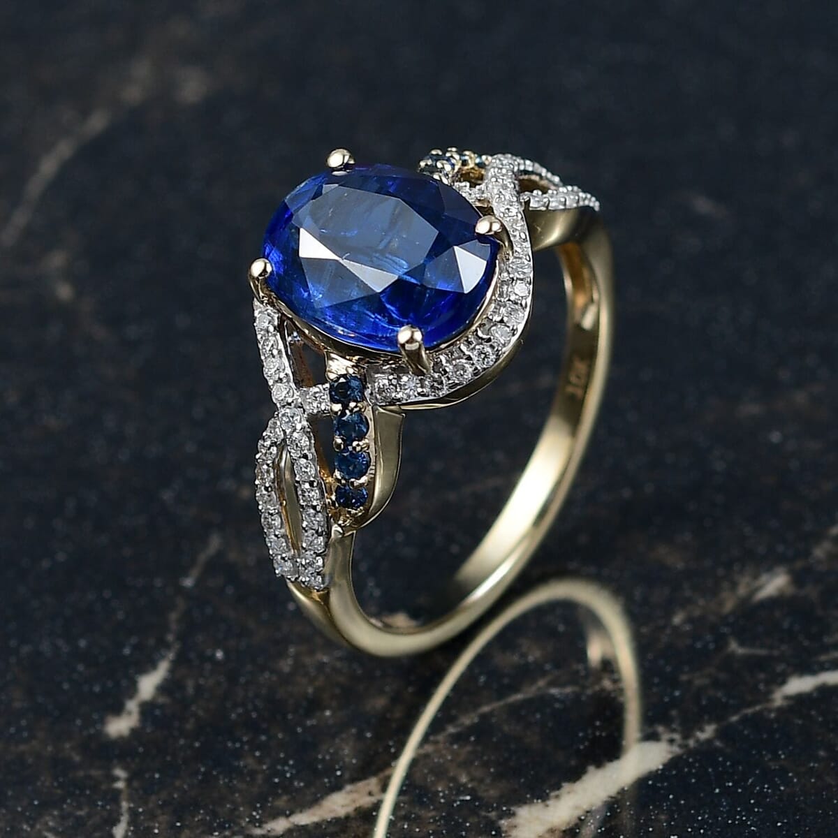 Luxoro Premium Nilamani, Ceylon Sapphire and G-H I2 Diamond 5.00 ctw Sea Whirlpool Ring in 10K Yellow Gold (Size 10.0) image number 1