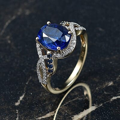 Luxoro Premium Nilamani, Ceylon Sapphire and G-H I2 Diamond 5.00 ctw Sea Whirlpool Ring in 10K Yellow Gold (Size 10.0)