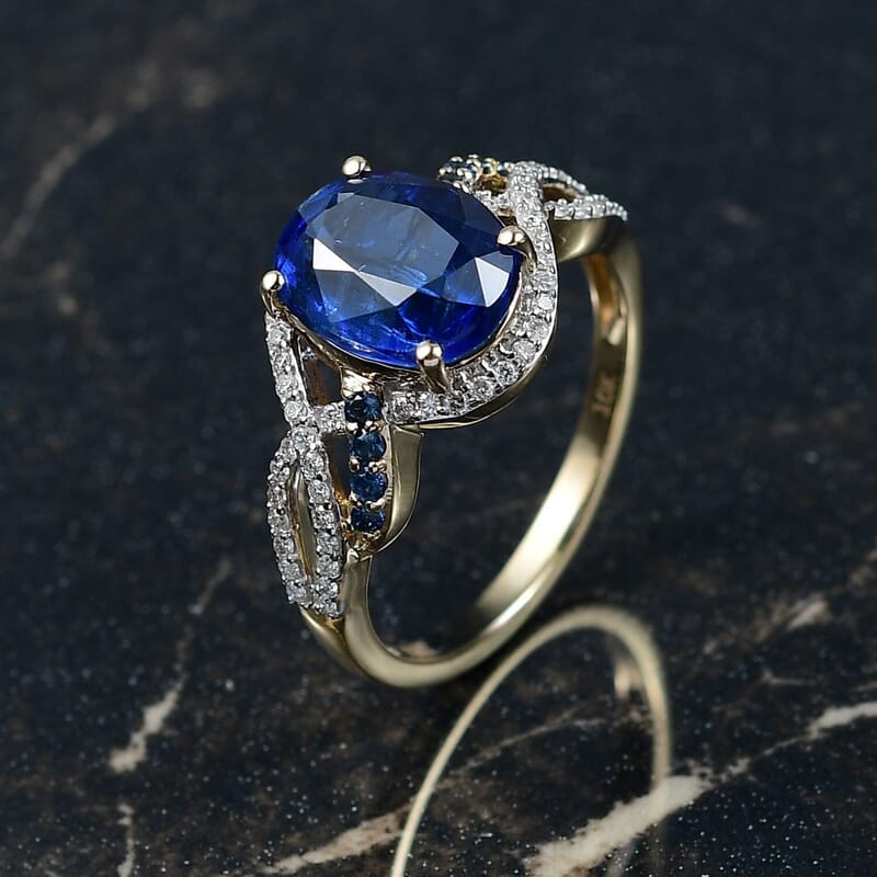 Luxoro Premium Nilamani, Ceylon Sapphire and G-H I2 Diamond 5.00 ctw Sea Whirlpool Ring in 10K Yellow Gold (Size 10.0)