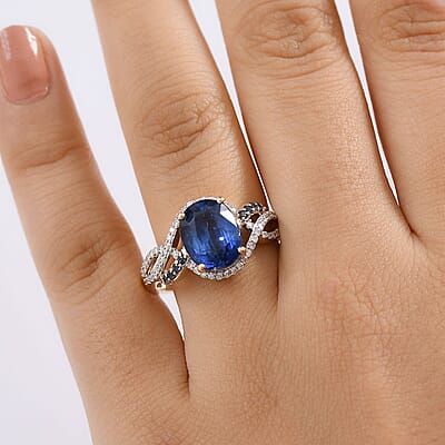 Luxoro Premium Nilamani, Ceylon Sapphire and G-H I2 Diamond 5.00 ctw Sea Whirlpool Ring in 10K Yellow Gold (Size 10.0)