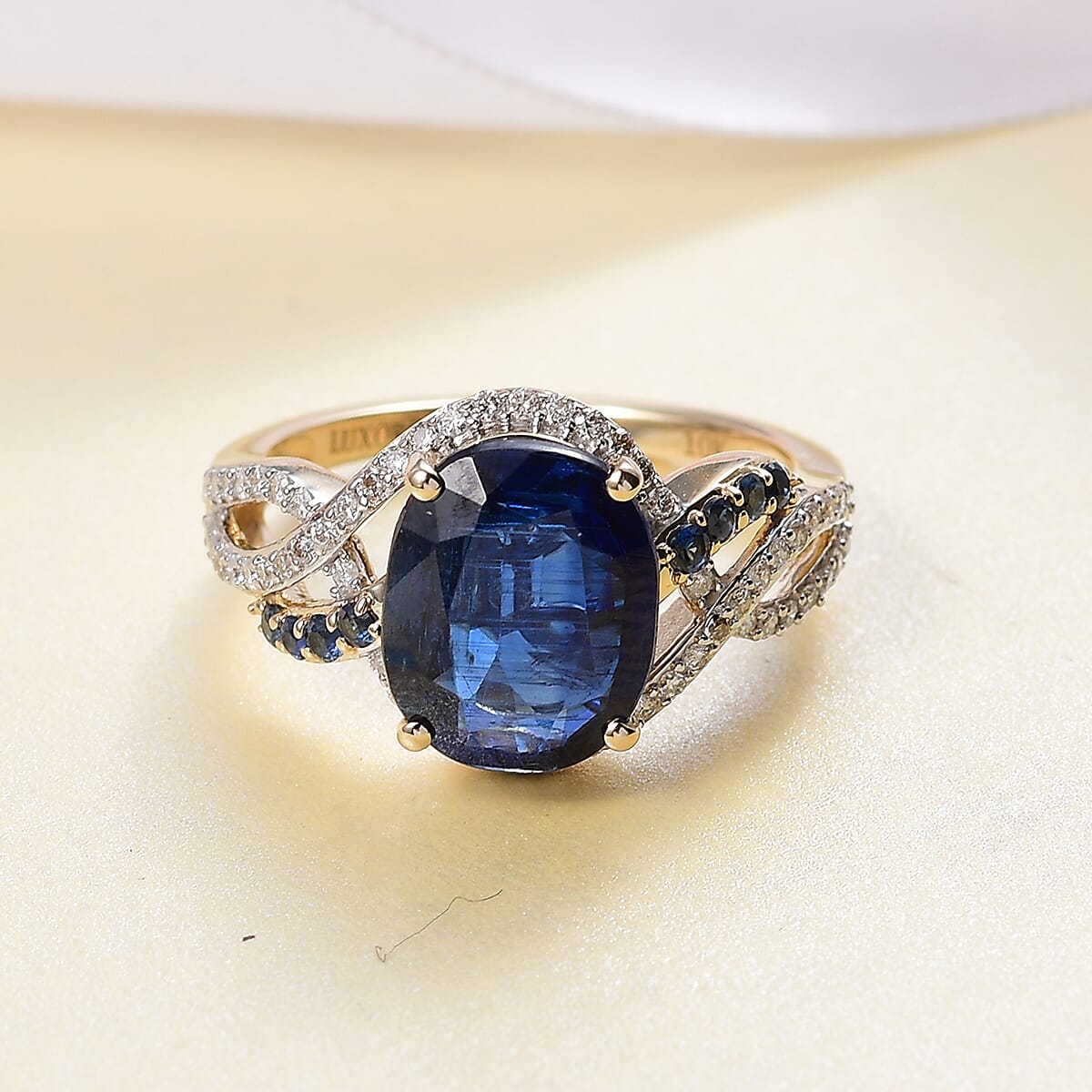 Luxoro Premium Nilamani, Ceylon Sapphire and G-H I2 Diamond 5.00 ctw Sea Whirlpool Ring in 10K Yellow Gold (Size 8.0) image number 1
