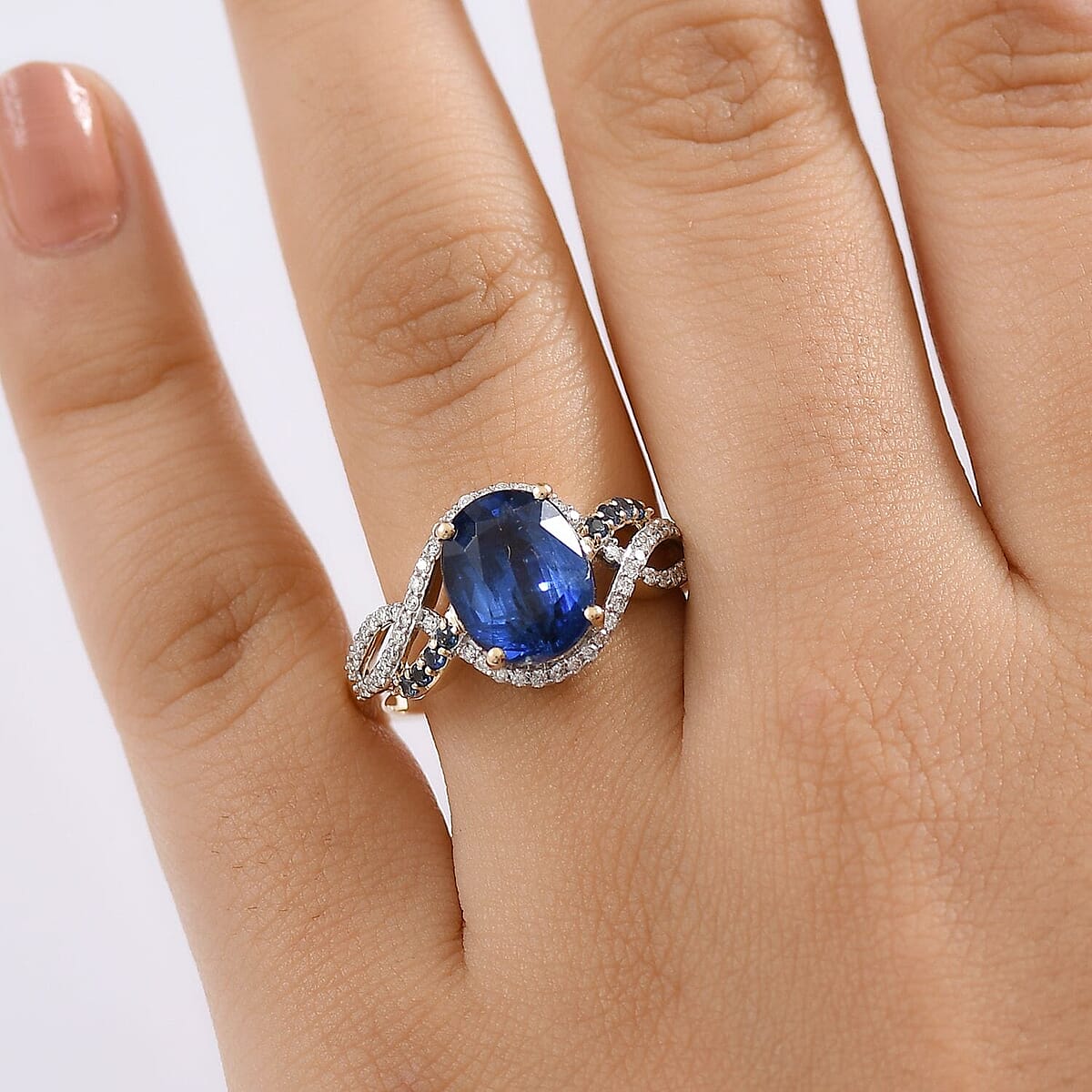 Luxoro Premium Nilamani, Ceylon Sapphire and G-H I2 Diamond 5.00 ctw Sea Whirlpool Ring in 10K Yellow Gold (Size 9.0) image number 2