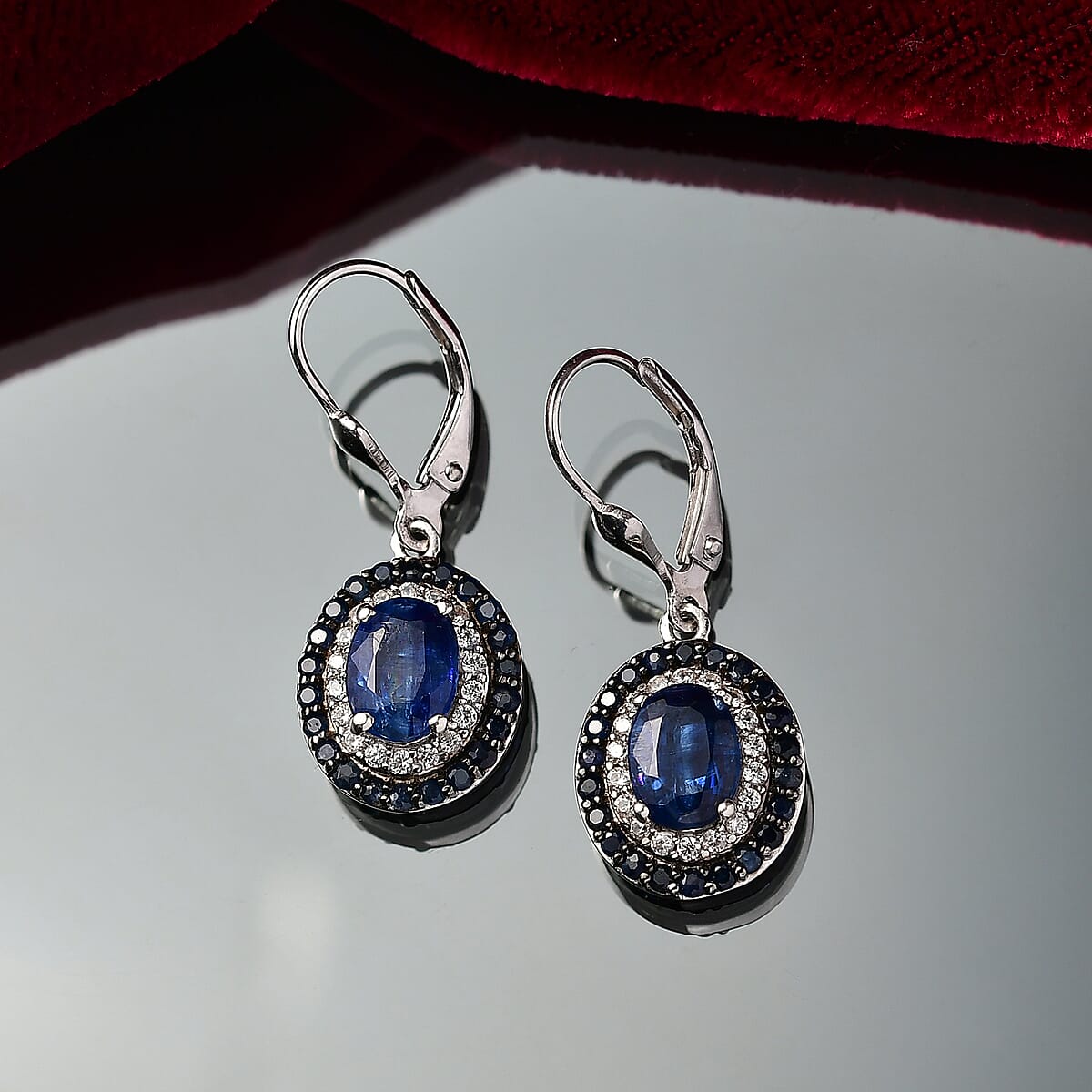 D'Joy Kashmir Kyanite and Multi Gemstone 4.55 ctw Solar Flare Halo Lever Back Earrings in Platinum Over Sterling Silver image number 1