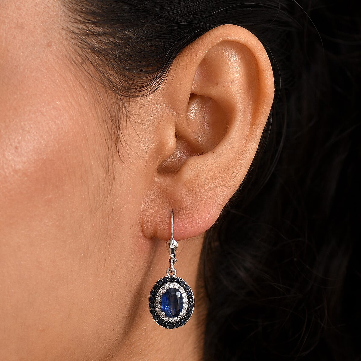 D'Joy Kashmir Kyanite and Multi Gemstone 4.55 ctw Solar Flare Halo Lever Back Earrings in Platinum Over Sterling Silver image number 2