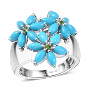 D'Joy Premium Sleeping Beauty Turquoise and Chrome Diopside 3.80 ctw Blossom Ring in Rhodium Over Sterling Silver (Size 10.0)