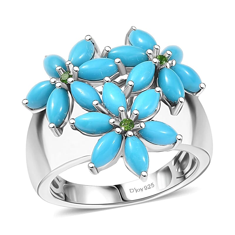 D'Joy Premium Sleeping Beauty Turquoise and Chrome Diopside 3.80 ctw Blossom Ring in Rhodium Over Sterling Silver (Size 10.0)