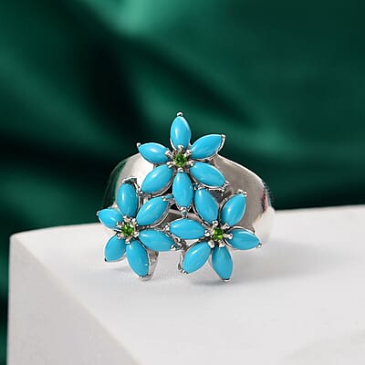 D'Joy Premium Sleeping Beauty Turquoise and Chrome Diopside 3.80 ctw Blossom Ring in Rhodium Over Sterling Silver (Size 10.0)