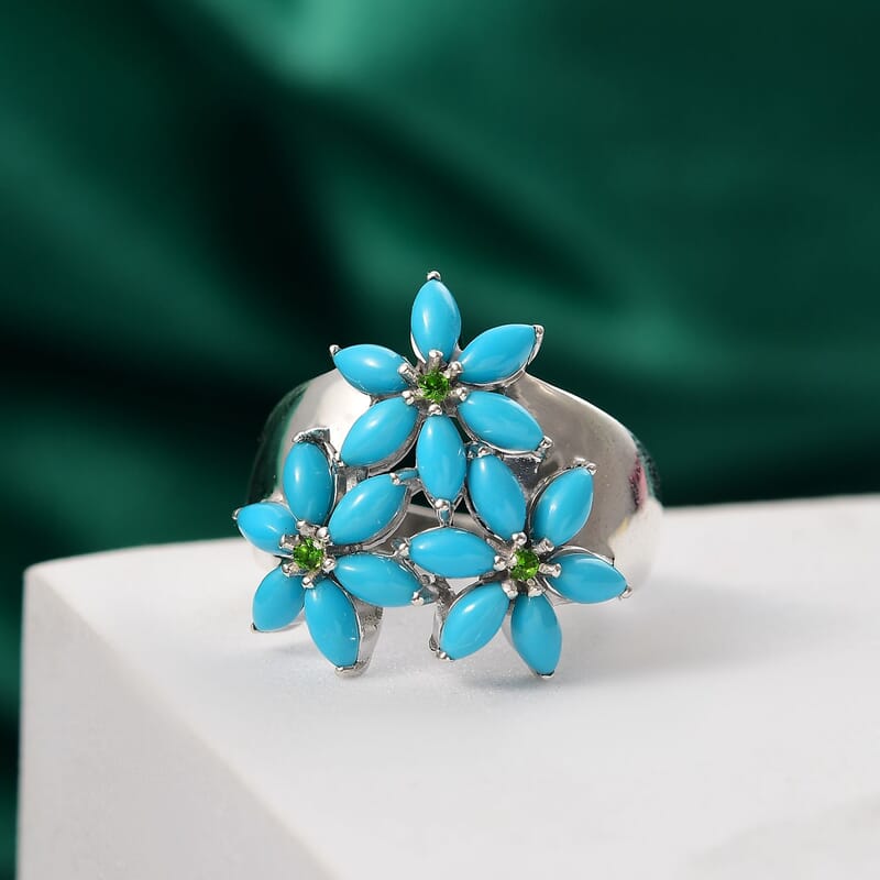 D'Joy Premium Sleeping Beauty Turquoise and Chrome Diopside 3.80 ctw Blossom Ring in Rhodium Over Sterling Silver (Size 10.0)