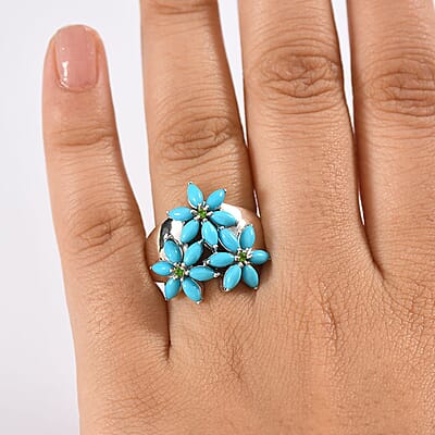 D'Joy Premium Sleeping Beauty Turquoise and Chrome Diopside 3.80 ctw Blossom Ring in Rhodium Over Sterling Silver (Size 10.0)