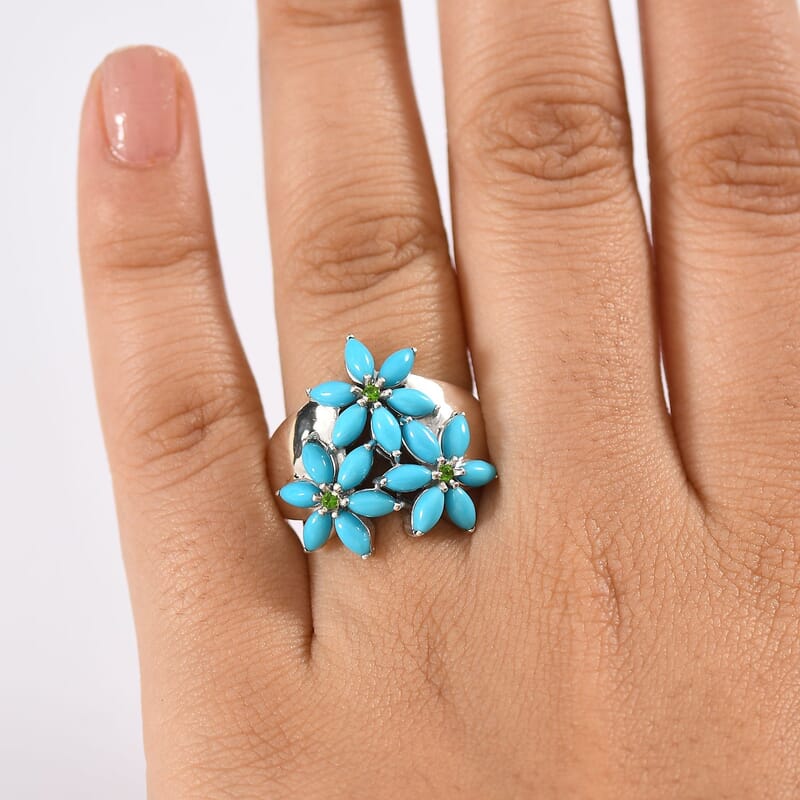 D'Joy Premium Sleeping Beauty Turquoise and Chrome Diopside 3.80 ctw Blossom Ring in Rhodium Over Sterling Silver (Size 10.0)