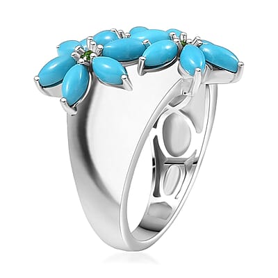 D'Joy Premium Sleeping Beauty Turquoise and Chrome Diopside 3.80 ctw Blossom Ring in Rhodium Over Sterling Silver (Size 10.0)