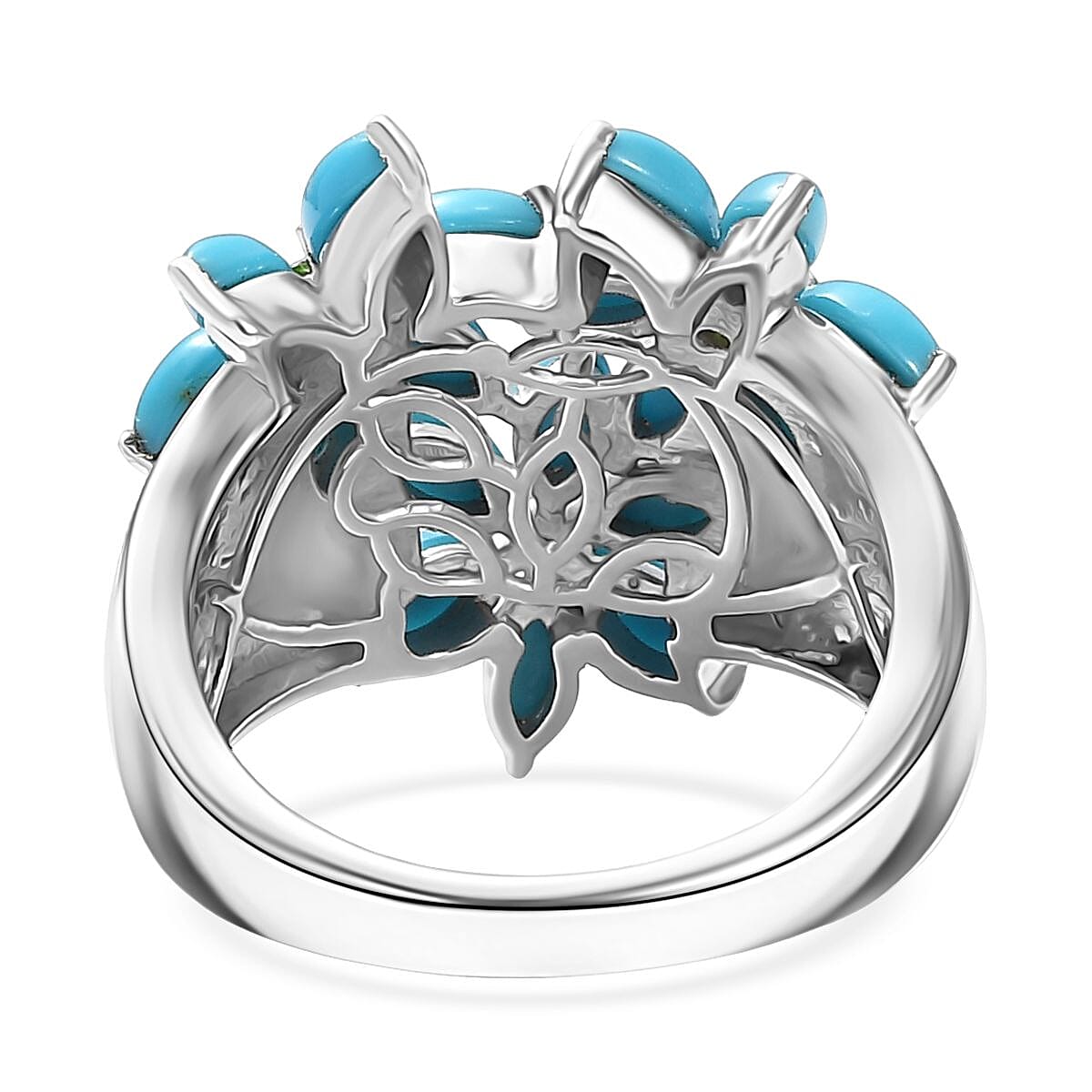 D'Joy Premium Sleeping Beauty Turquoise and Chrome Diopside 3.80 ctw Blossom Ring in Rhodium Over Sterling Silver (Size 10.0)