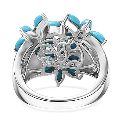 D'Joy Premium Sleeping Beauty Turquoise and Chrome Diopside 3.80 ctw Blossom Ring in Rhodium Over Sterling Silver (Size 10.0)