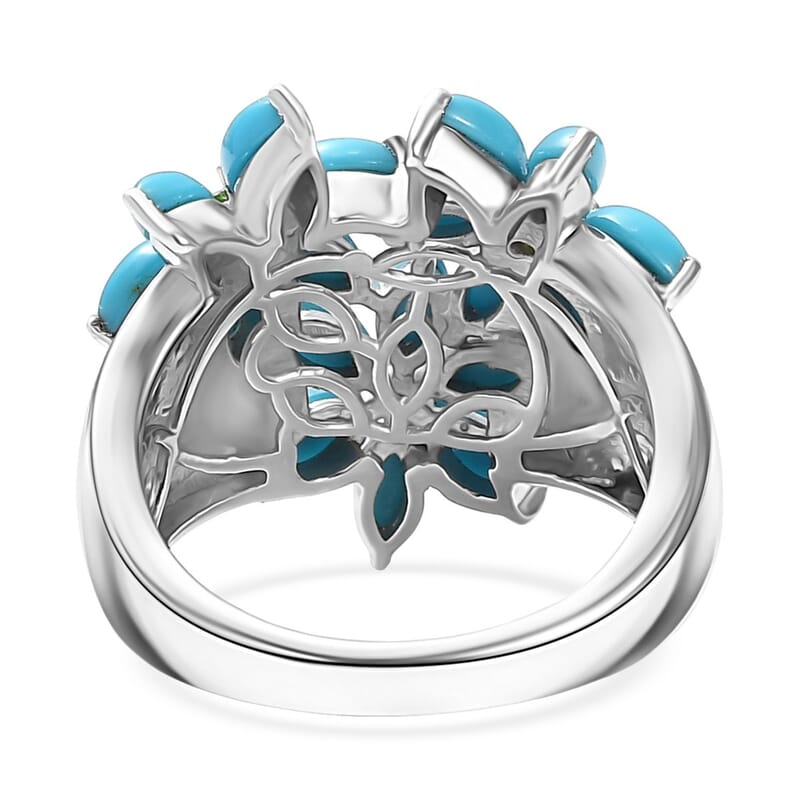 D'Joy Premium Sleeping Beauty Turquoise and Chrome Diopside 3.80 ctw Blossom Ring in Rhodium Over Sterling Silver (Size 10.0)
