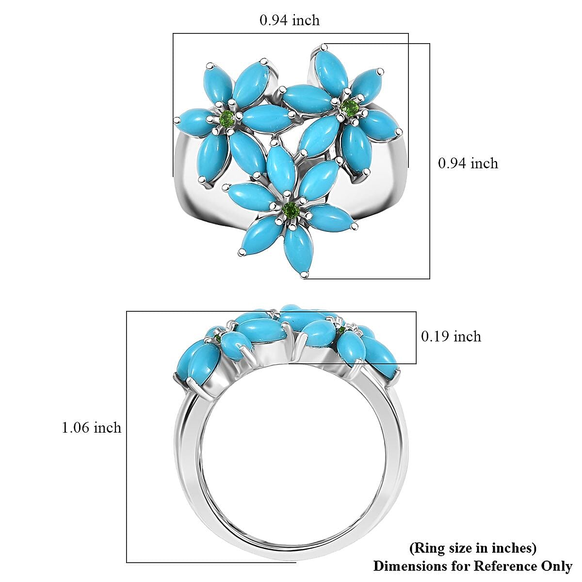 D'Joy Premium Sleeping Beauty Turquoise and Chrome Diopside 3.80 ctw Blossom Ring in Rhodium Over Sterling Silver (Size 10.0)