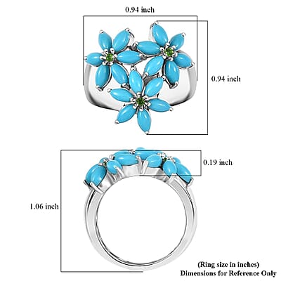 D'Joy Premium Sleeping Beauty Turquoise and Chrome Diopside 3.80 ctw Blossom Ring in Rhodium Over Sterling Silver (Size 10.0)