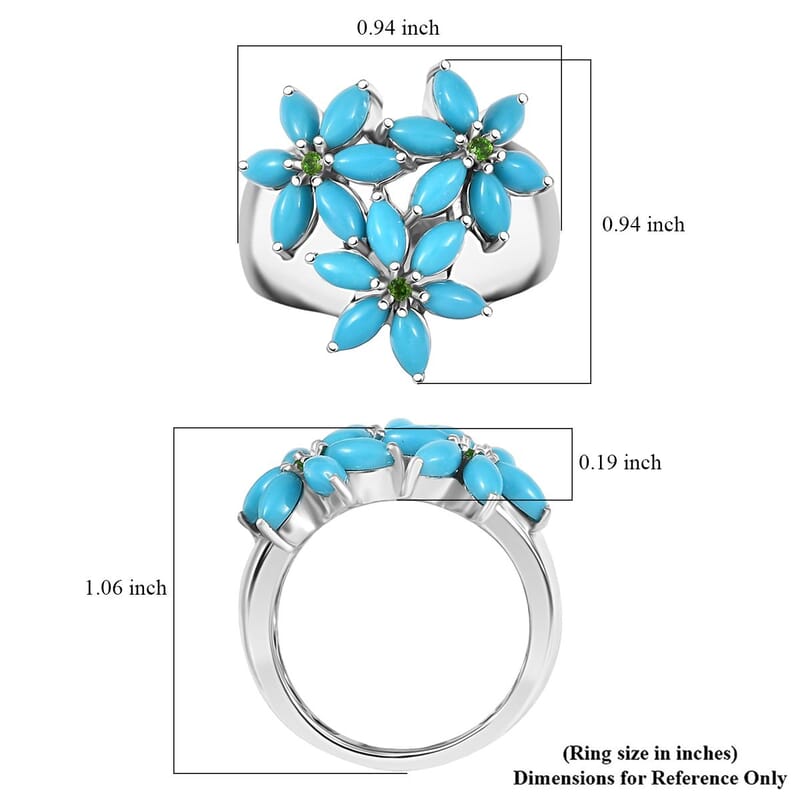 D'Joy Premium Sleeping Beauty Turquoise and Chrome Diopside 3.80 ctw Blossom Ring in Rhodium Over Sterling Silver (Size 10.0)