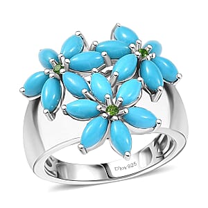D'Joy Premium Sleeping Beauty Turquoise and Chrome Diopside 3.80 ctw Blossom Ring in Rhodium Over Sterling Silver (Size 6.0)
