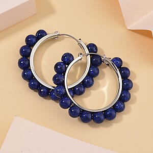 Lapis Lazuli 35 ctw Hoop Earrings in Silvertone