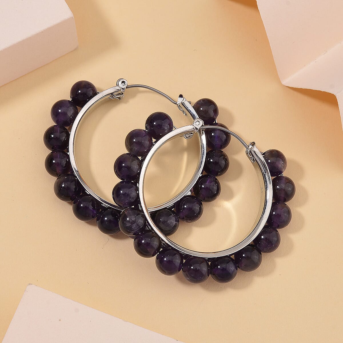 African Amethyst 35 ctw Hoop Earrings in Silvertone image number 1