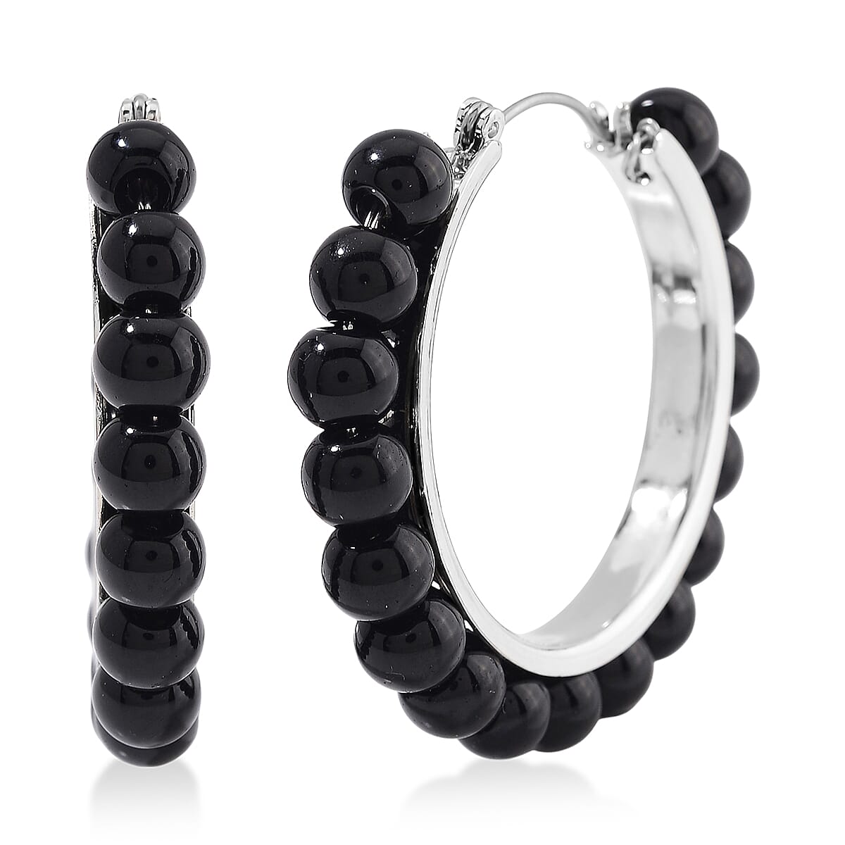 Black Obsidian 35 ctcw Hoop Earrings in Silvertone image number 0
