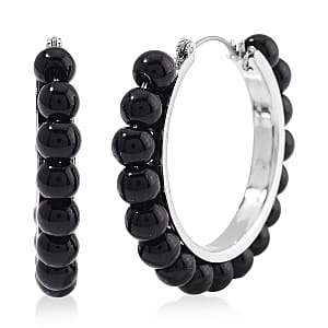 Black Obsidian 35 ctcw Hoop Earrings in Silvertone