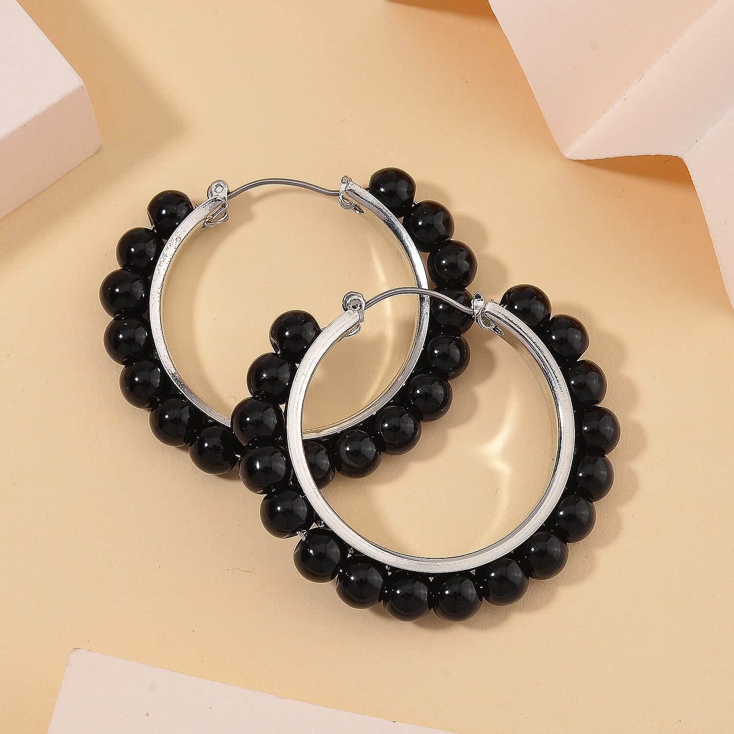 Black Obsidian 35 ctcw Hoop Earrings in Silvertone
