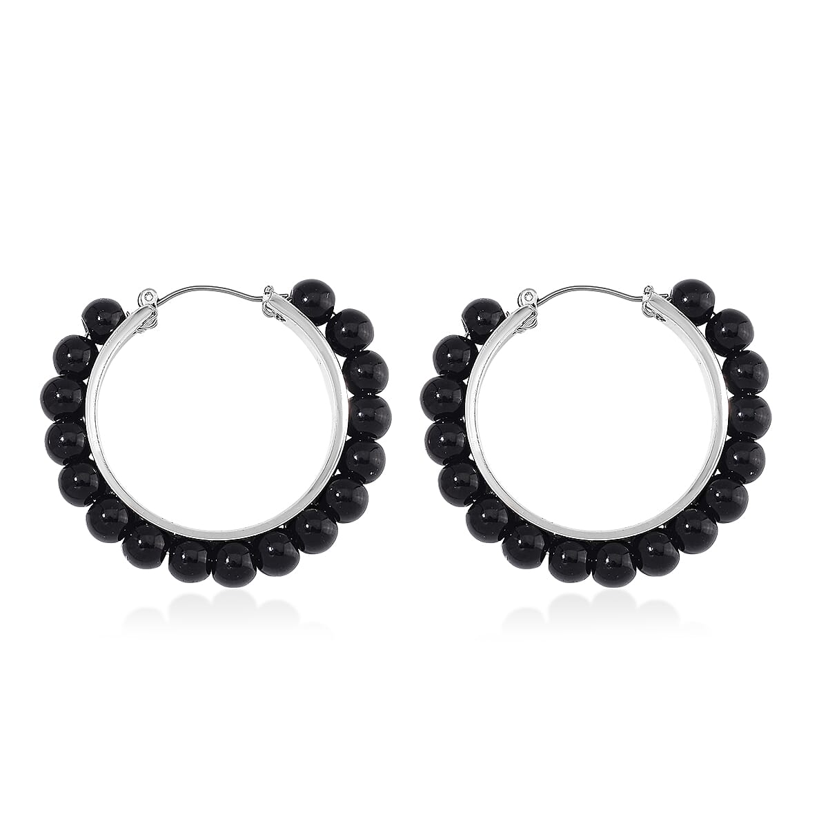 Black Obsidian 35 ctcw Hoop Earrings in Silvertone image number 3