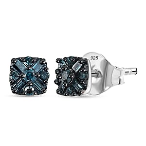 D'Joy Blue Diamond 0.25 ctw Floral Stud Earrings in Rhodium Over Sterling Silver