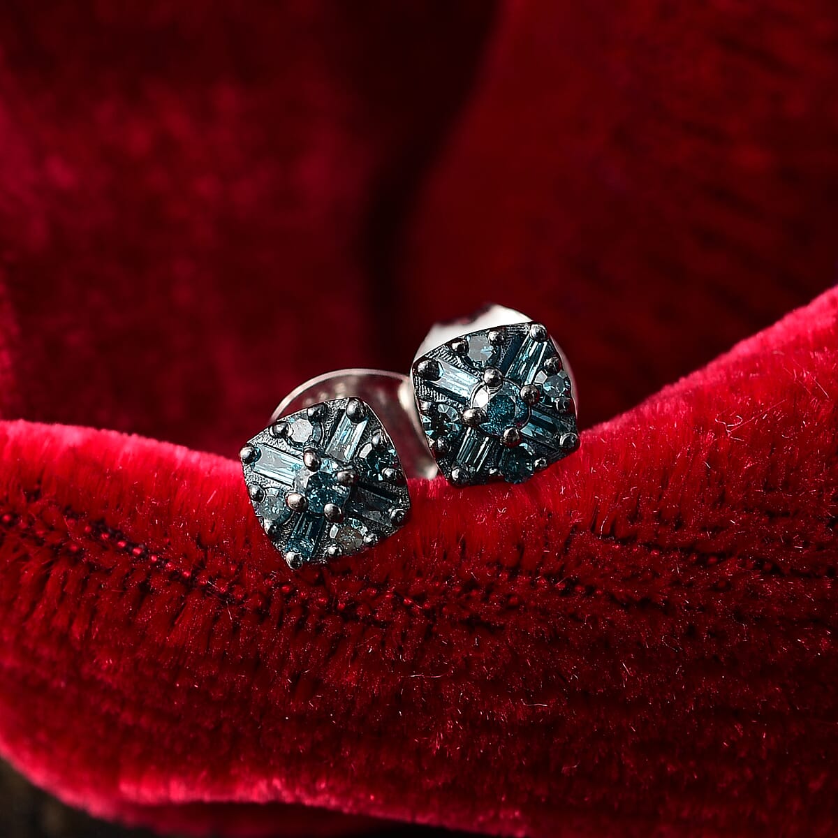 D'Joy Blue Diamond 0.25 ctw Floral Stud Earrings in Rhodium Over Sterling Silver image number 1
