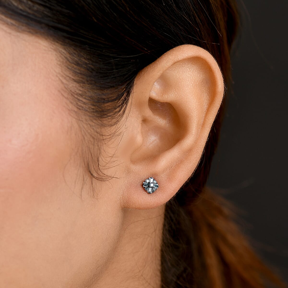D'Joy Blue Diamond 0.25 ctw Floral Stud Earrings in Rhodium Over Sterling Silver image number 2