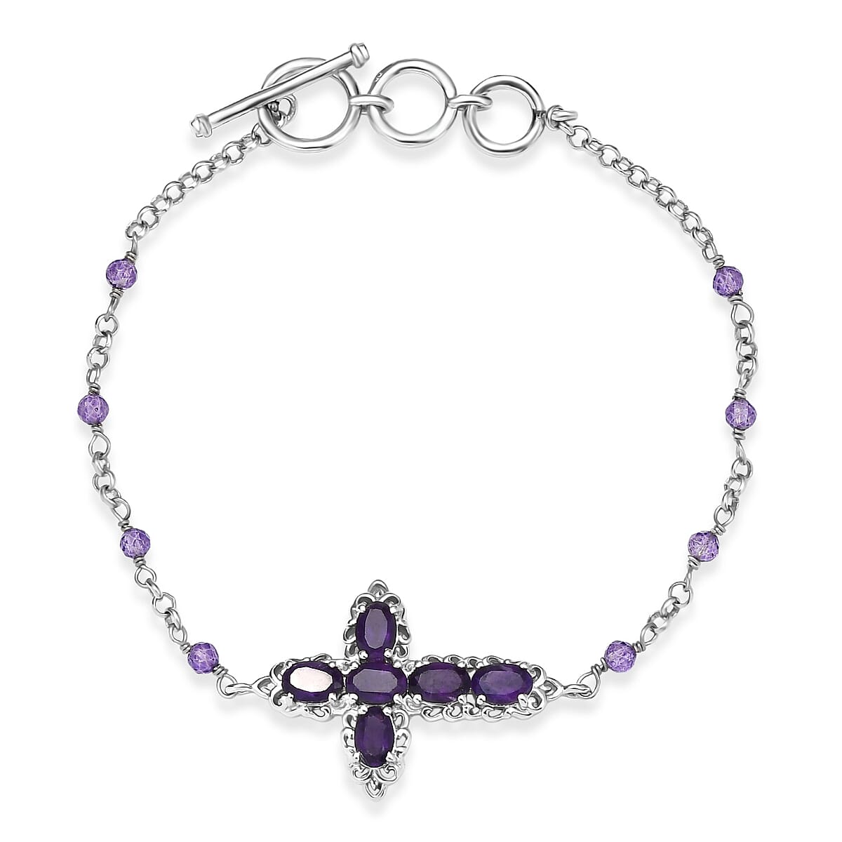 EverTrue African Amethyst 4.40 ctw Cross Bracelet in Platinum Bond (6.50-8.0In) image number 0