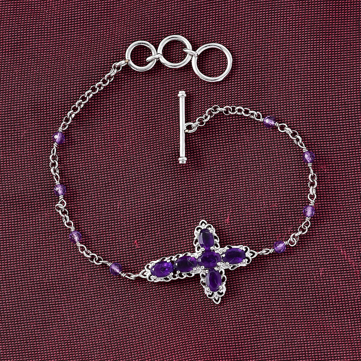 EverTrue African Amethyst 4.40 ctw Cross Bracelet in Platinum Bond (6.50-8.0In) image number 1