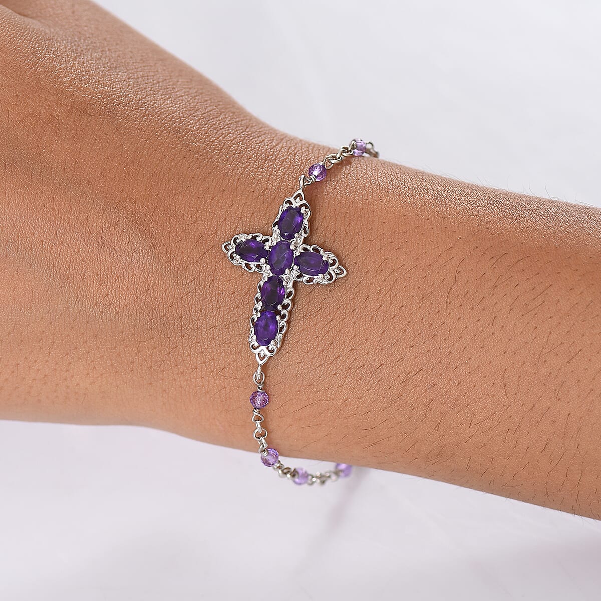EverTrue African Amethyst 4.40 ctw Cross Bracelet in Platinum Bond (6.50-8.0In) image number 2