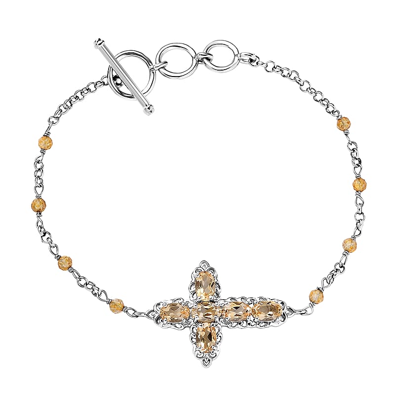EverTrue Brazilian Citrine 4.50 ctw Cross Bracelet in Platinum Bond (6.50-8.0In)