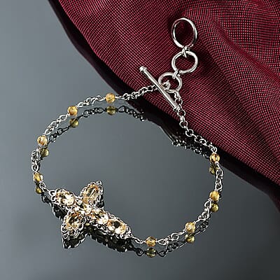EverTrue Brazilian Citrine 4.50 ctw Cross Bracelet in Platinum Bond (6.50-8.0In)