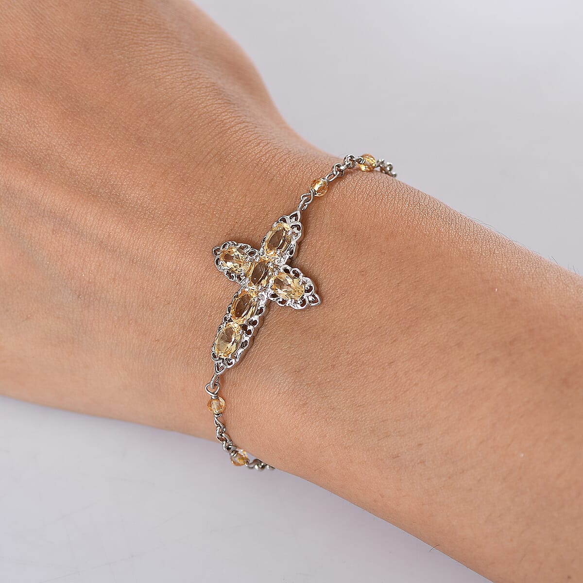 EverTrue Brazilian Citrine 4.50 ctw Cross Bracelet in Platinum Bond (6.50-8.0In) image number 2