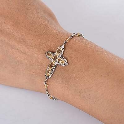 EverTrue Brazilian Citrine 4.50 ctw Cross Bracelet in Platinum Bond (6.50-8.0In)