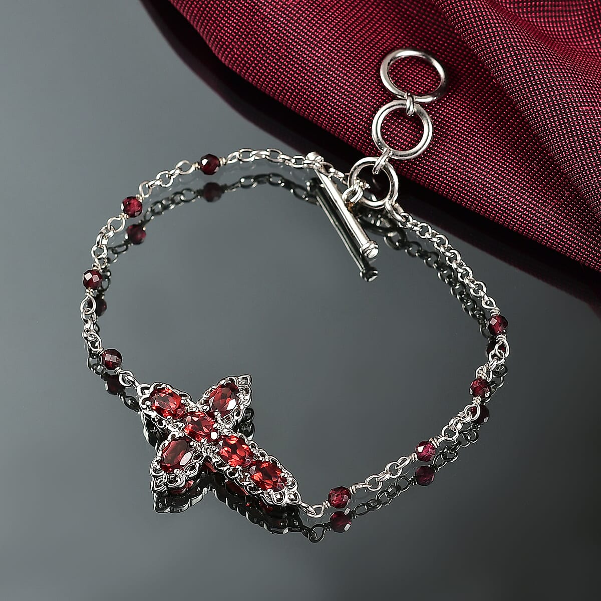 EverTrue Mozambique Garnet 5.00 ctw Cross Bracelet in Platinum Bond (6.50-8.0In) image number 1